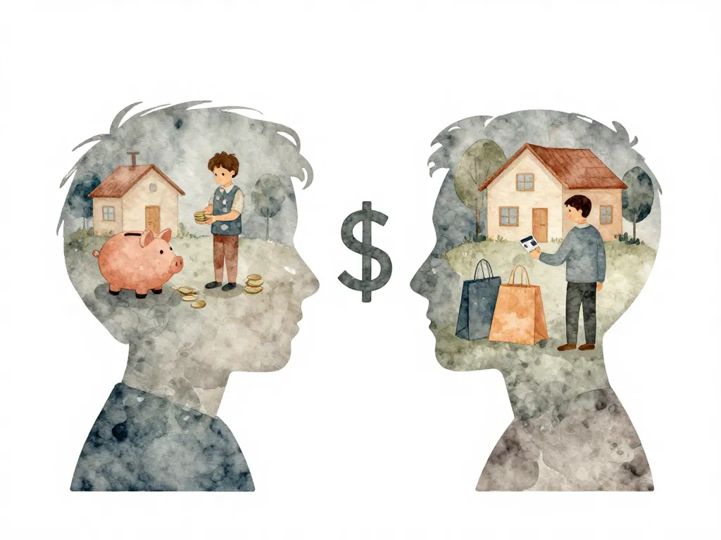 Illustration of two silhouette profiles with different childhood money memories inside each, facing each other with a dollar sign between them