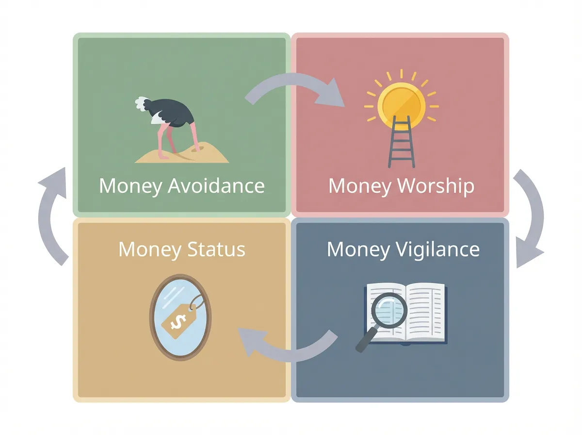 Diagram showing four money script types — avoidance, worship, status, and vigilance — with icons and arrows showing common partner pairings