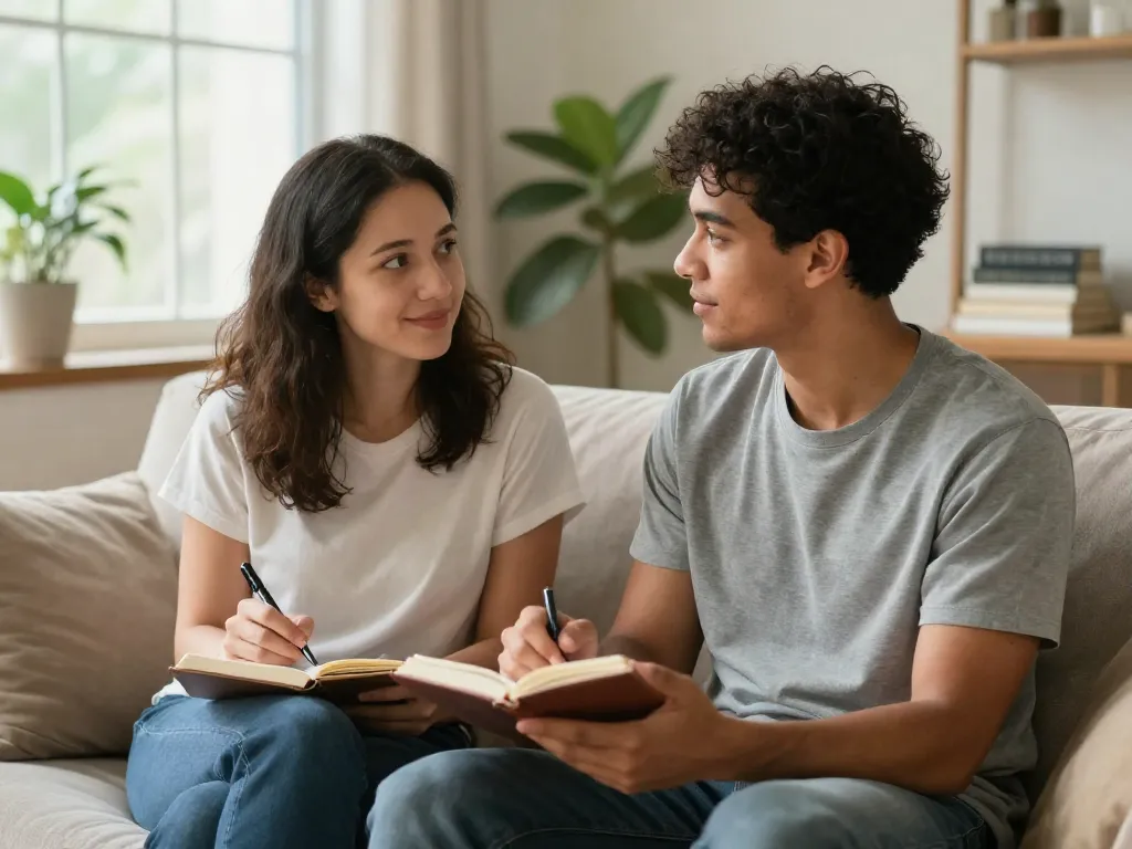 A couple having a calm and connected conversation on a couch, one holding a notebook, soft natural light