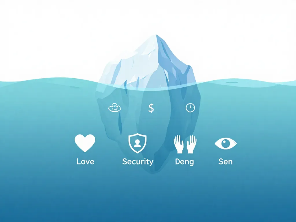 Iceberg illustration showing surface-level argument topics above the waterline and deeper emotional needs like security, respect, and belonging below