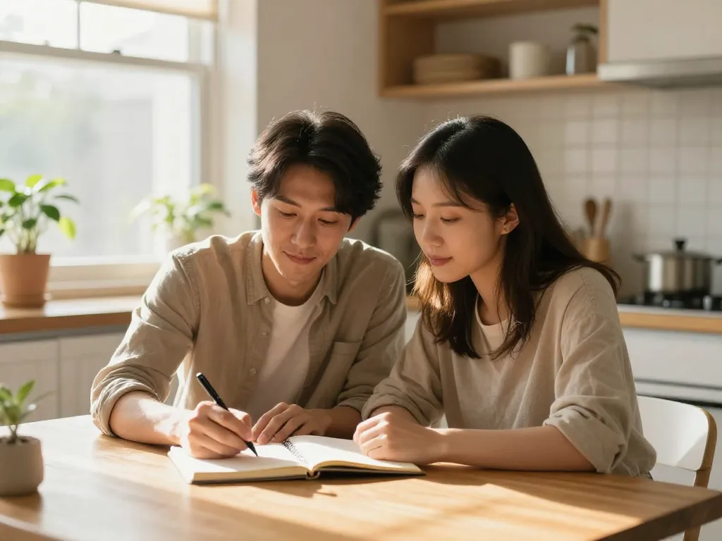 A couple sitting together at a kitchen table calmly writing down agreements in a notebook, bathed in warm morning light