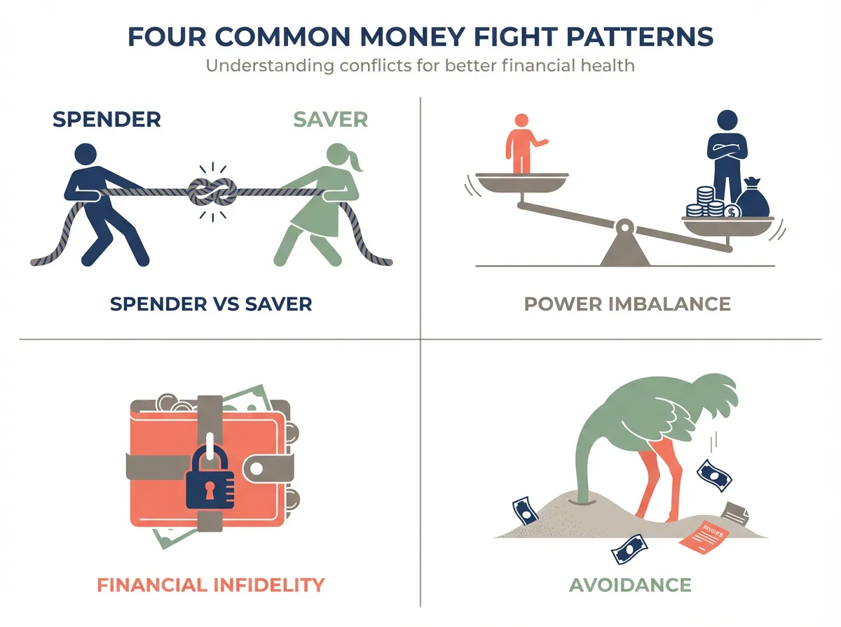 Infographic showing four common money fight patterns in couples: Spender vs Saver, Power Imbalance, Financial Infidelity, and Avoidance