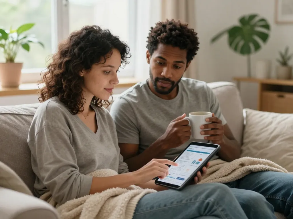 A couple calmly reviewing their financial plan together on a tablet during a relaxed weekend morning at home