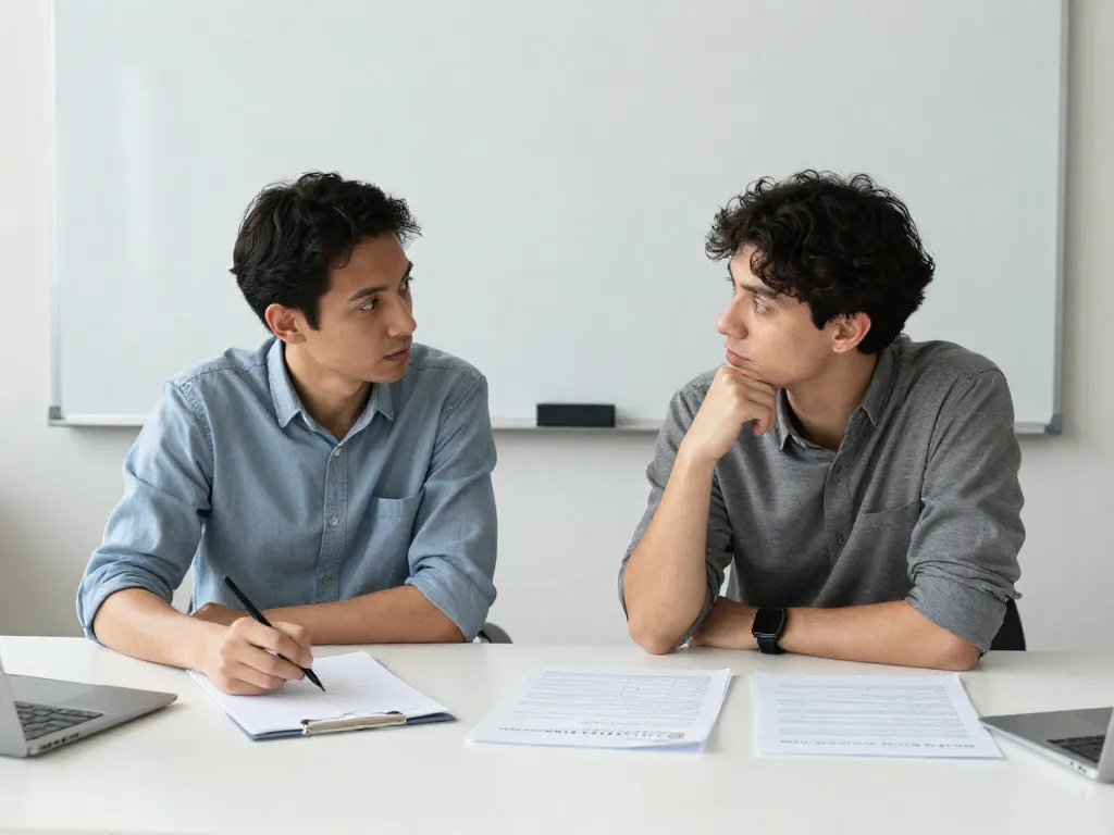 Two cofounders having a structured alignment conversation with written frameworks at a whiteboard table