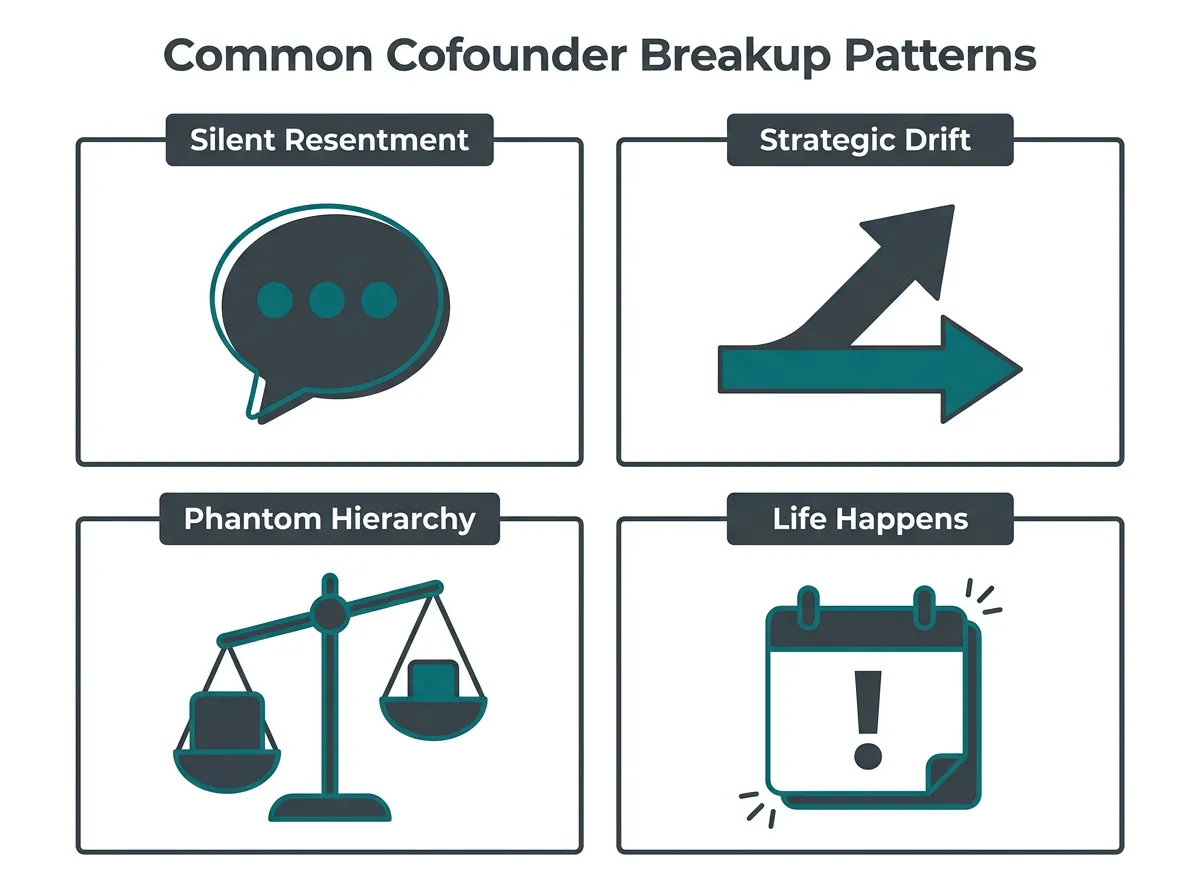 Infographic showing four common cofounder breakup patterns: Silent Resentment, Strategic Drift, Phantom Hierarchy, and Life Happens