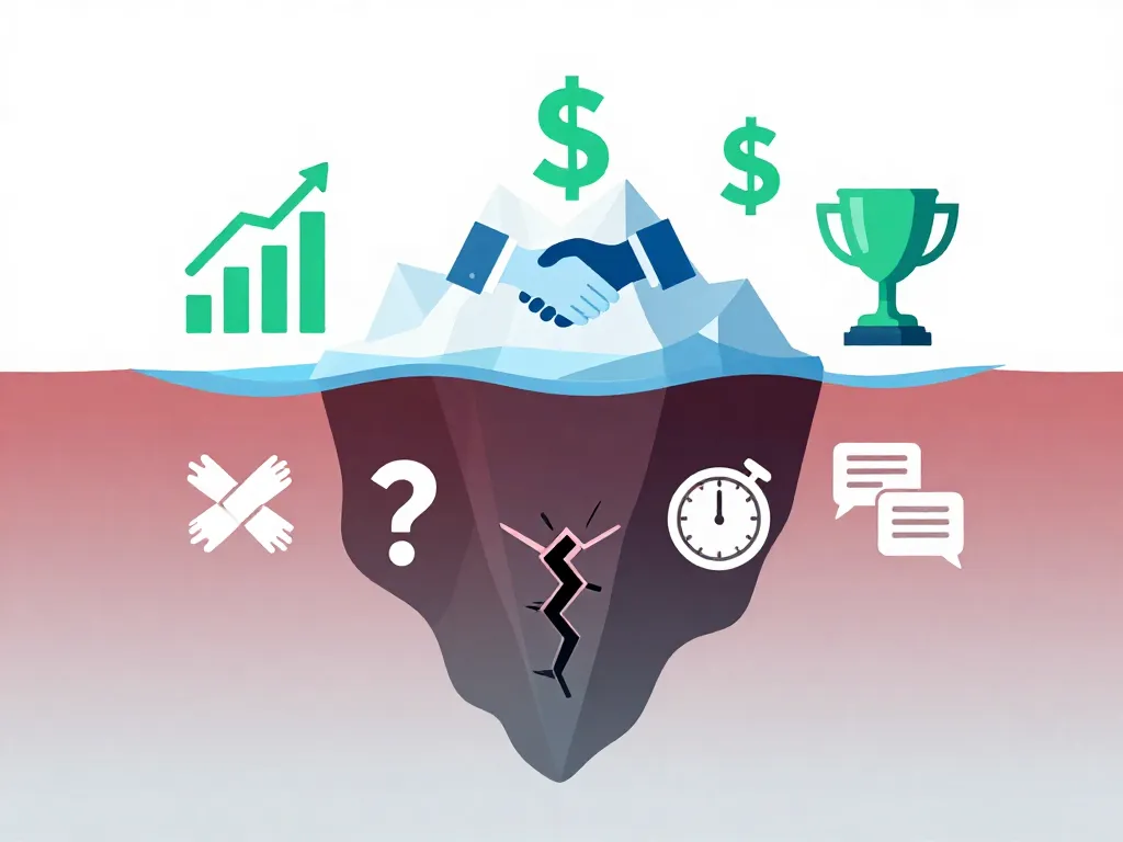 Iceberg illustration showing visible startup success above the surface and hidden cofounder conflict below