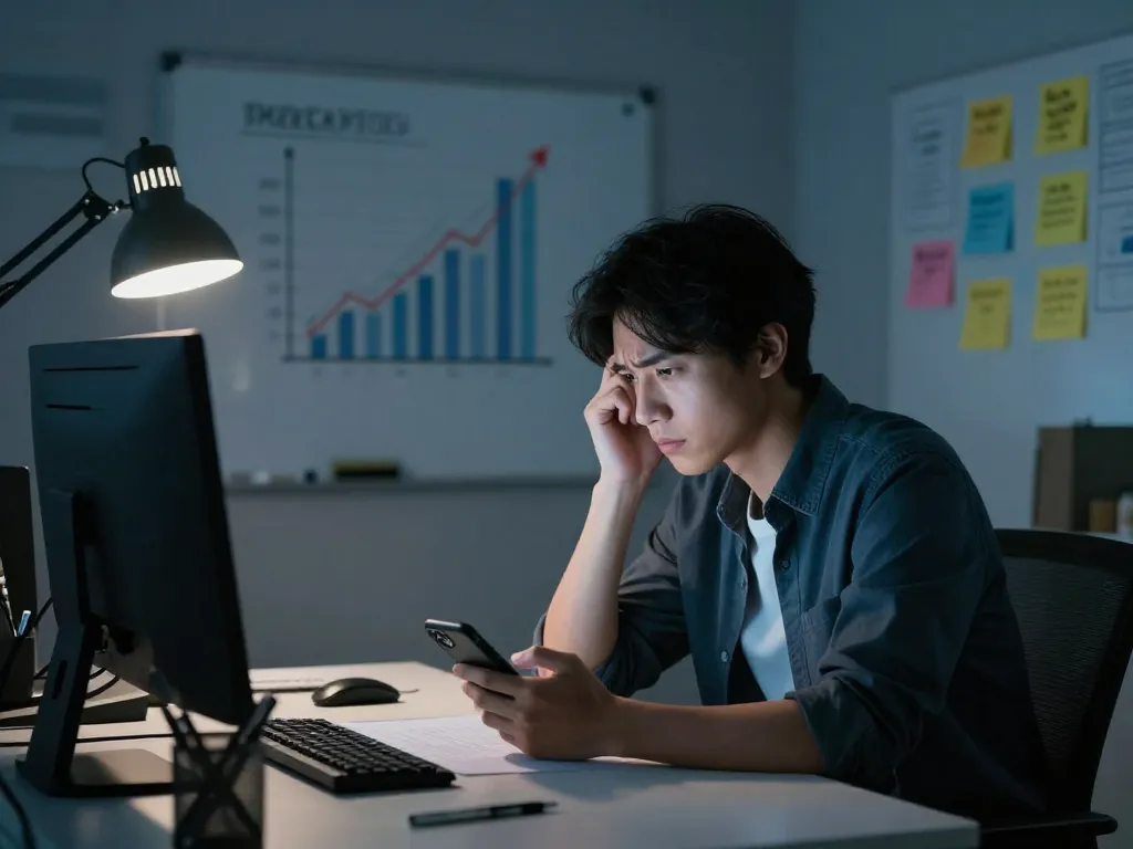 A startup founder sitting alone at night looking stressed despite celebratory growth metrics on a whiteboard behind them