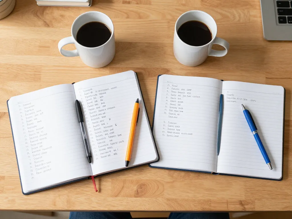 Two notebooks with handwritten household task lists side by side on a kitchen table, representing a couple's collaborative chore planning session