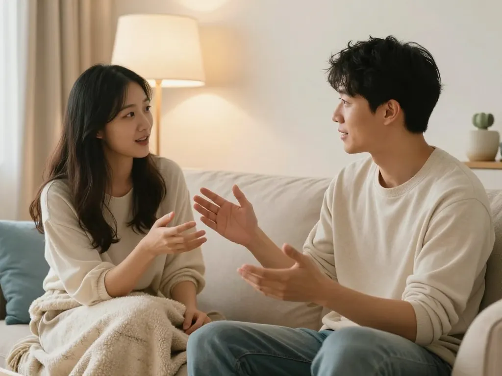 A couple having a calm, attentive conversation on their couch during a weekly household check-in