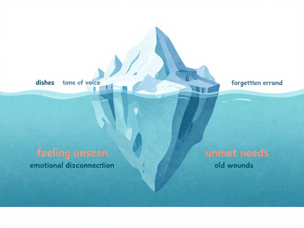 Iceberg illustration showing surface-level fight topics above water and deeper emotional needs like feeling unseen and disconnection below water
