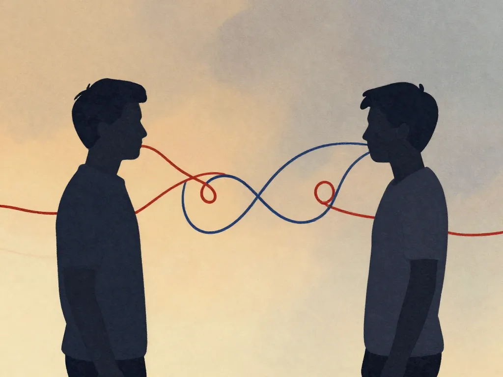 Illustration of two figures with tangled lines between them representing a pursue-withdraw relationship cycle