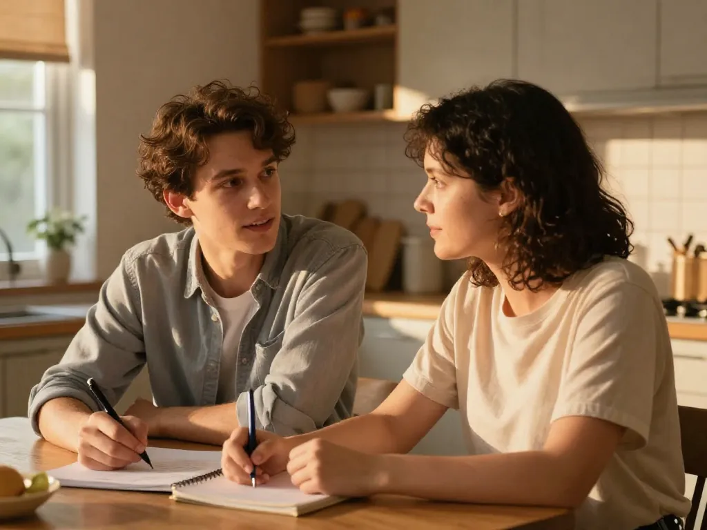 A couple having a calm, collaborative conversation at their kitchen table during golden hour, one person taking notes