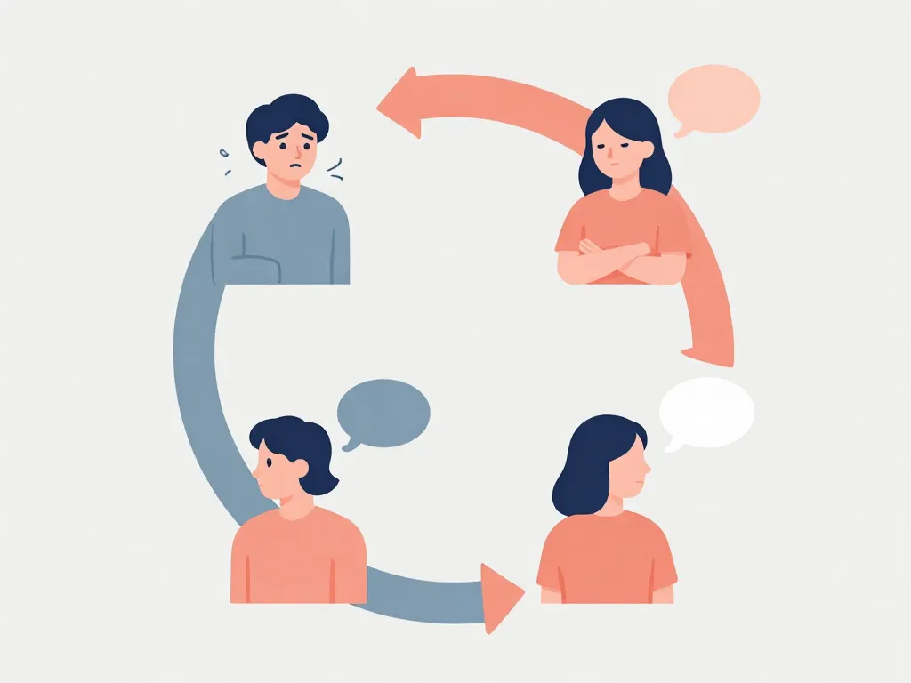 Illustration of the resentment cycle in chore conflicts showing four repeating stages between two partners