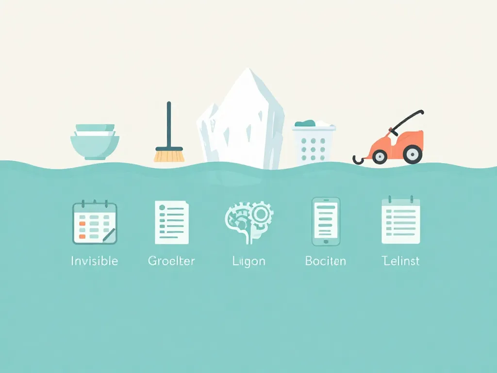 Iceberg illustration showing visible chores above water and invisible mental labor tasks below the surface