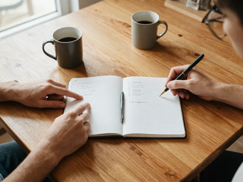 Overhead view of a couple collaboratively writing a household task list together at a kitchen table