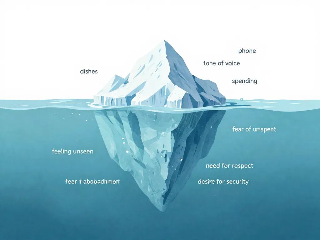 Iceberg illustration showing surface-level argument topics above water and deeper emotional needs below water, representing the hidden meaning behind couple fights
