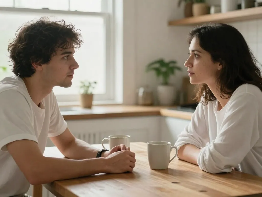 A couple having a calm, emotionally connected conversation at a kitchen table with coffee, demonstrating open and vulnerable communication