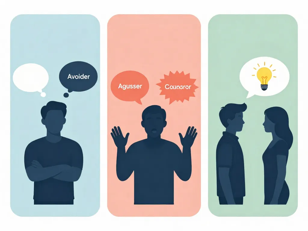 Illustration of three conflict styles: avoider with arms crossed, aggressor with raised hands, and collaborators calmly talking