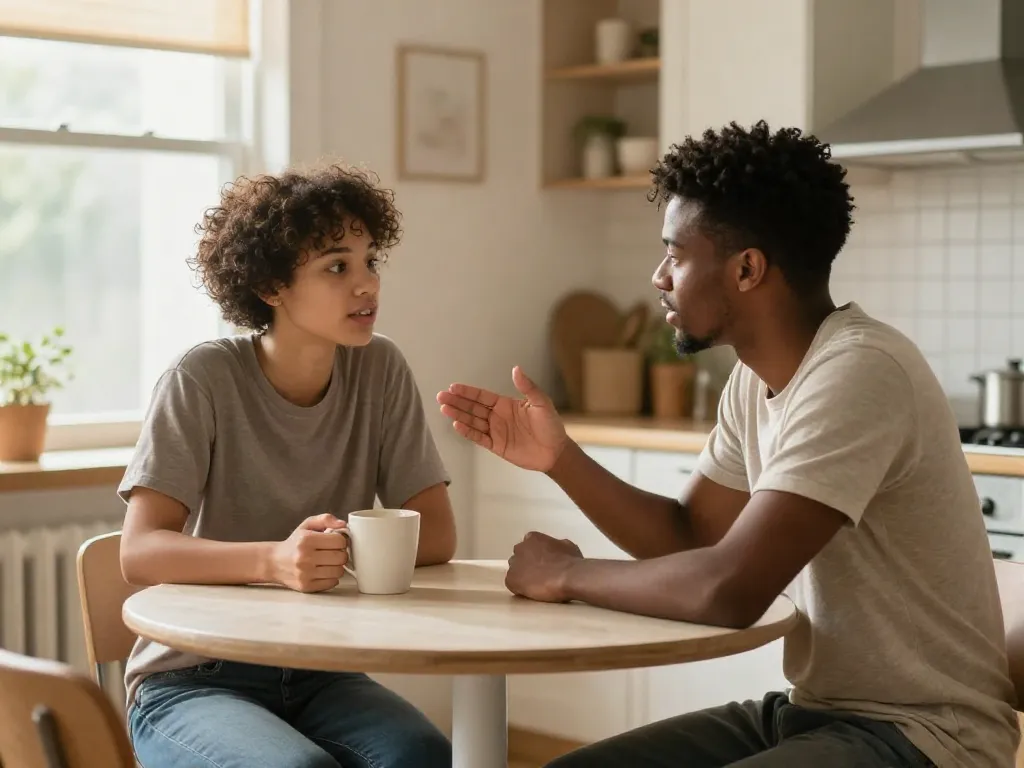 Two roommates having a calm and constructive conversation at their kitchen table