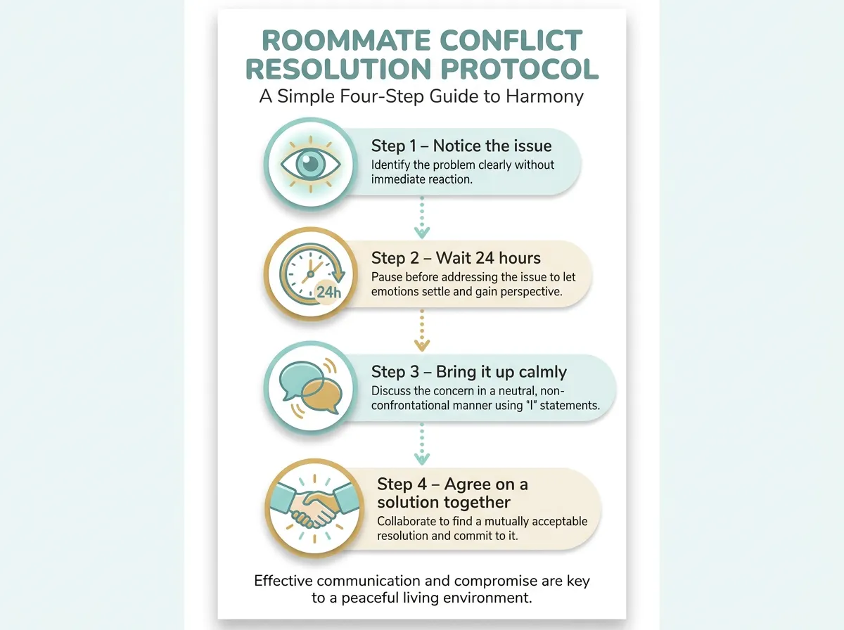 Infographic showing a four-step conflict resolution protocol for roommates: notice, wait, discuss, agree