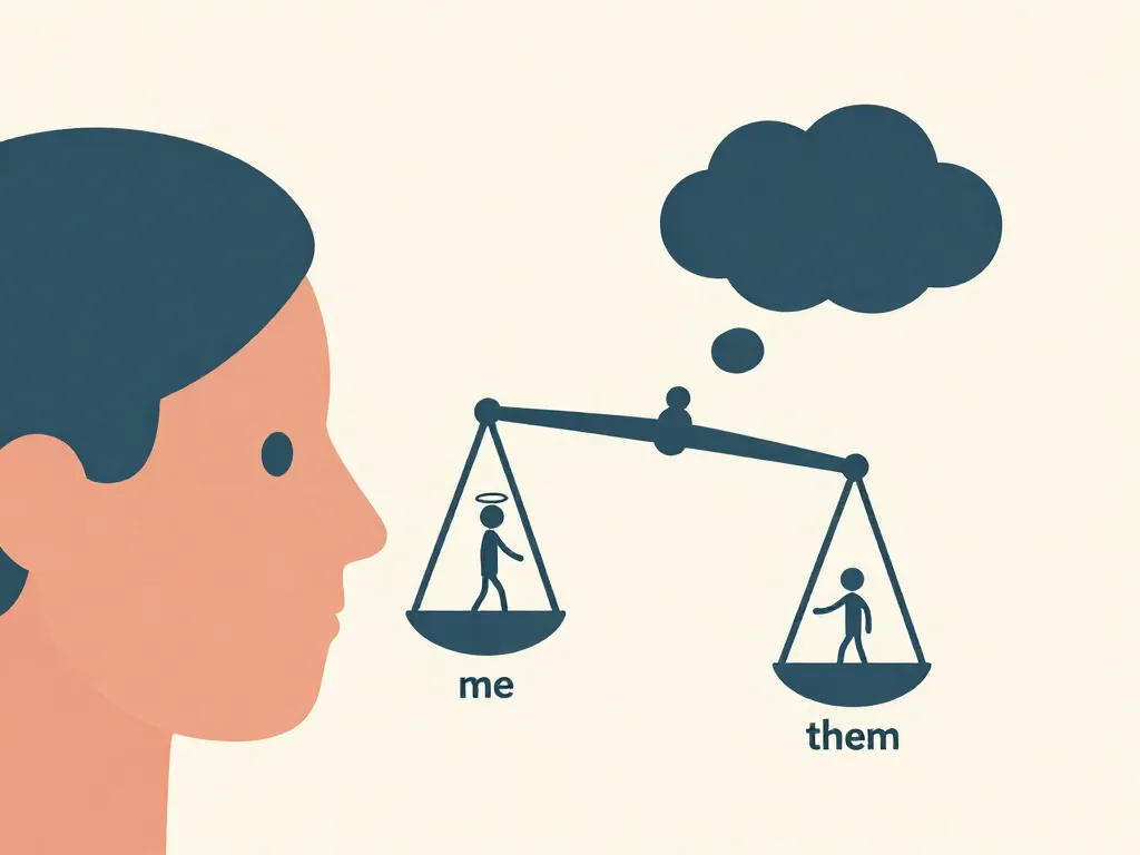 Illustration of the fundamental attribution error showing a thought bubble with an unbalanced scale weighing self-perception versus roommate perception