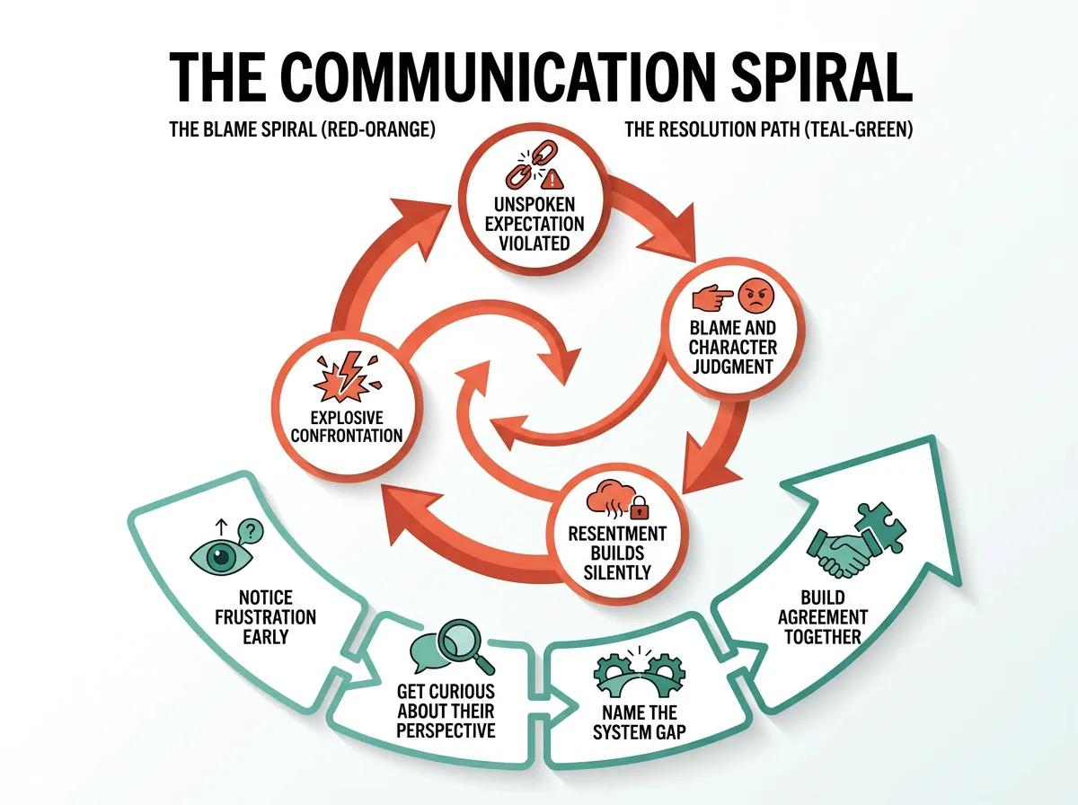 Infographic comparing the blame spiral cycle with an alternative resolution path for roommate conflicts