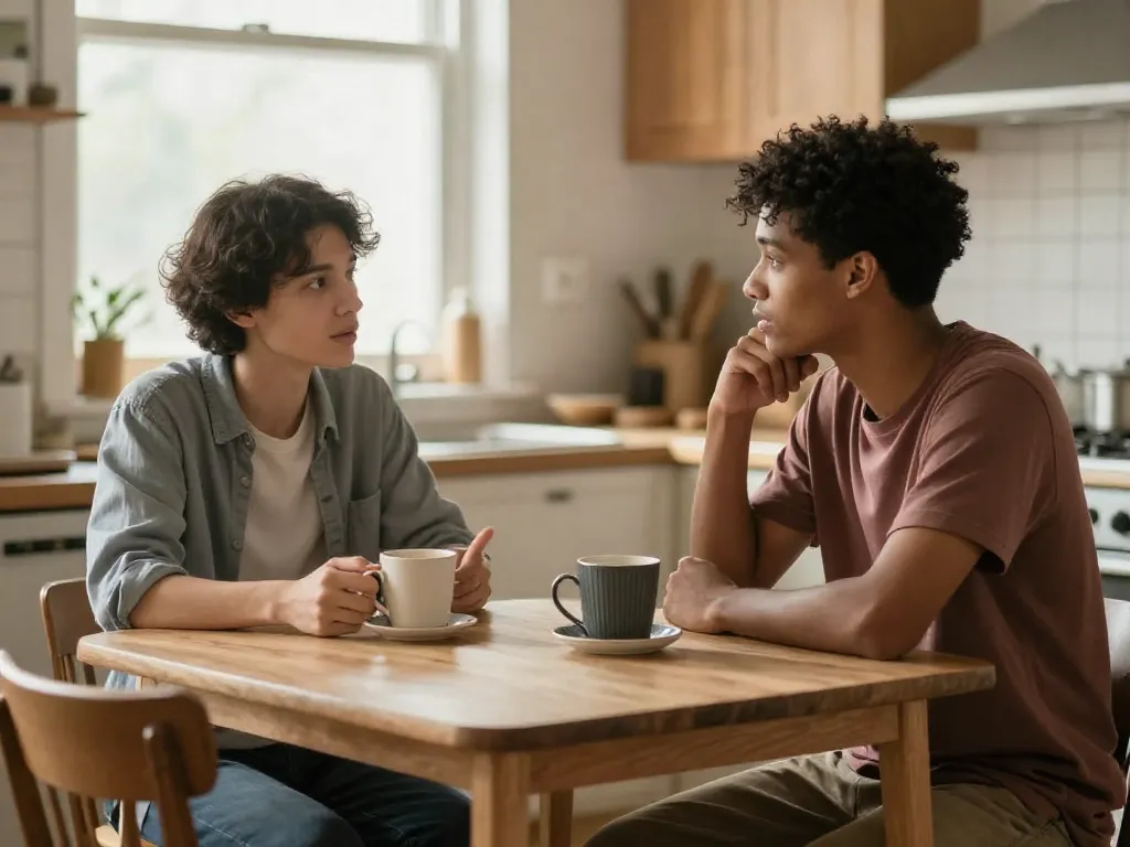 Two roommates having a calm, constructive conversation at a kitchen table with coffee