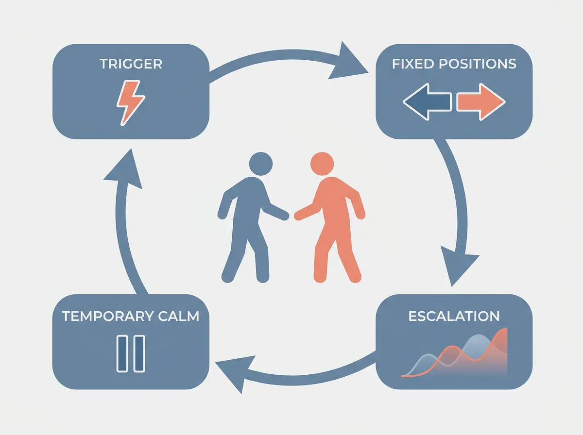 Circular diagram showing the four stages of a recurring argument cycle: trigger, fixed positions, escalation, and temporary calm