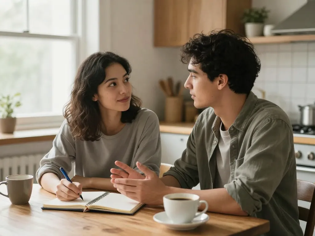 A couple calmly writing down agreements together at a kitchen table in warm morning light