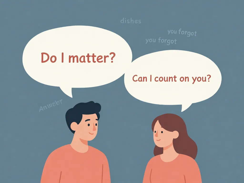 Illustration showing surface-level argument topics above deeper emotional questions like 'Do I matter?' beneath them