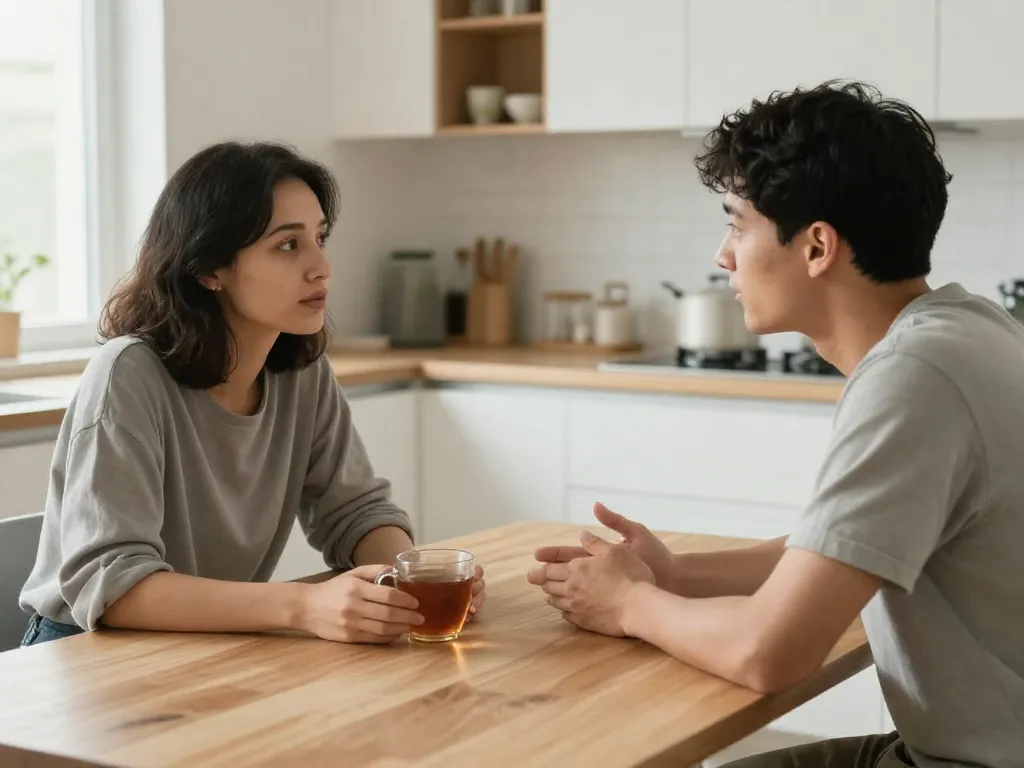 A couple having a calm, open conversation at a kitchen table, representing healthy conflict resolution
