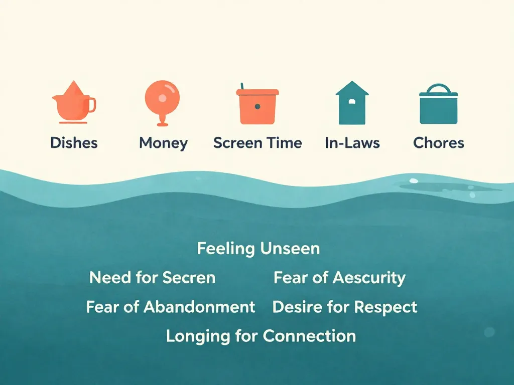 Iceberg illustration showing surface-level argument topics above water and deeper emotional needs below water