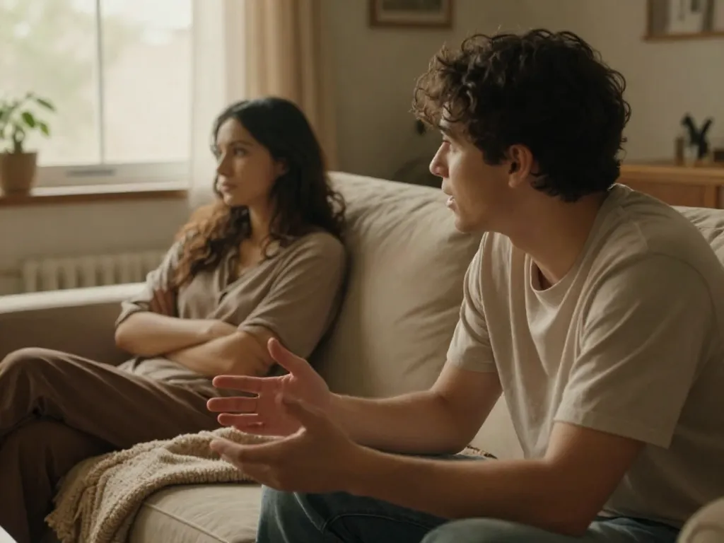 A couple on a couch during a difficult conversation, one partner leaning forward while the other withdraws slightly