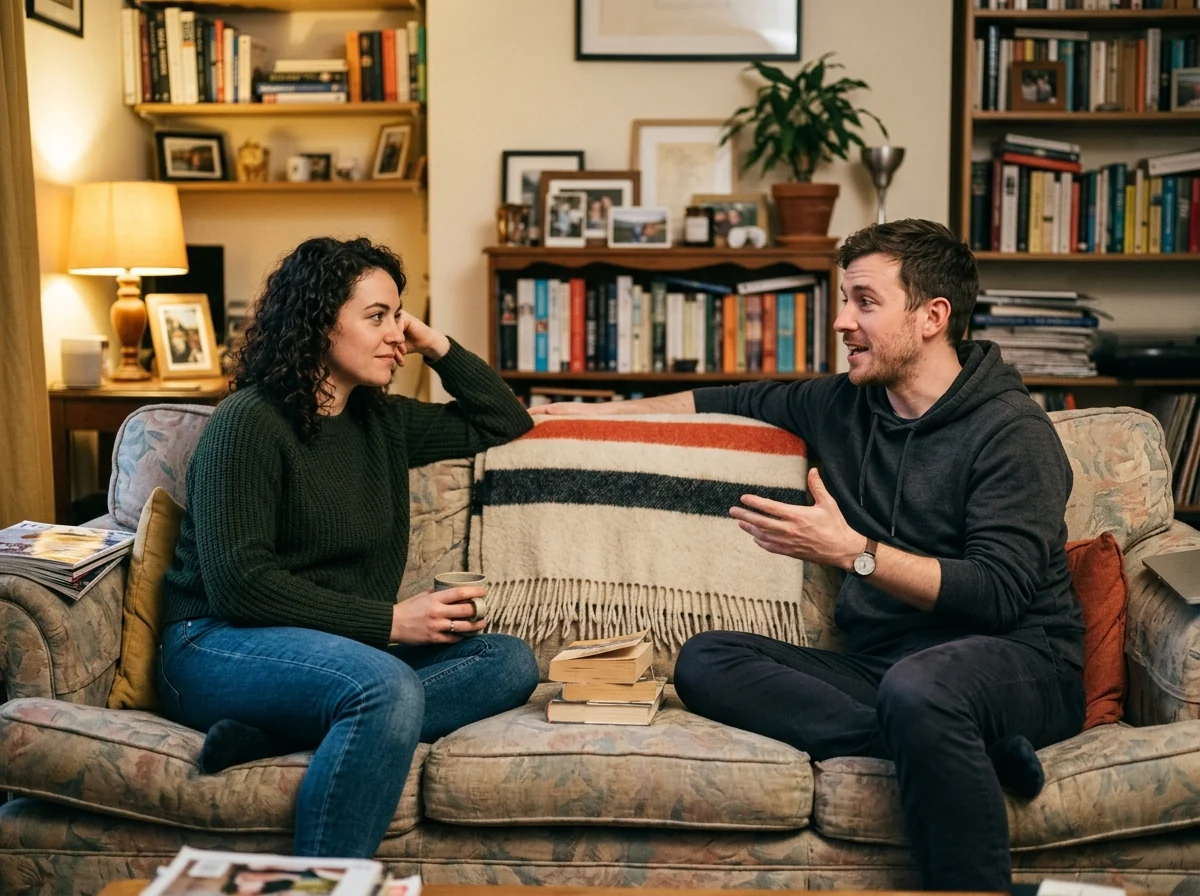 A couple sitting on a couch turned towards each other in conversation