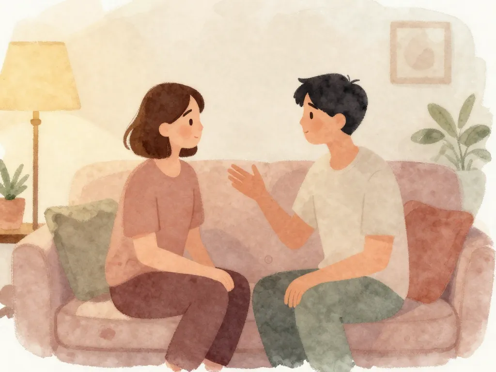 Watercolor illustration of a couple having a heartfelt conversation on a couch in warm lamplight