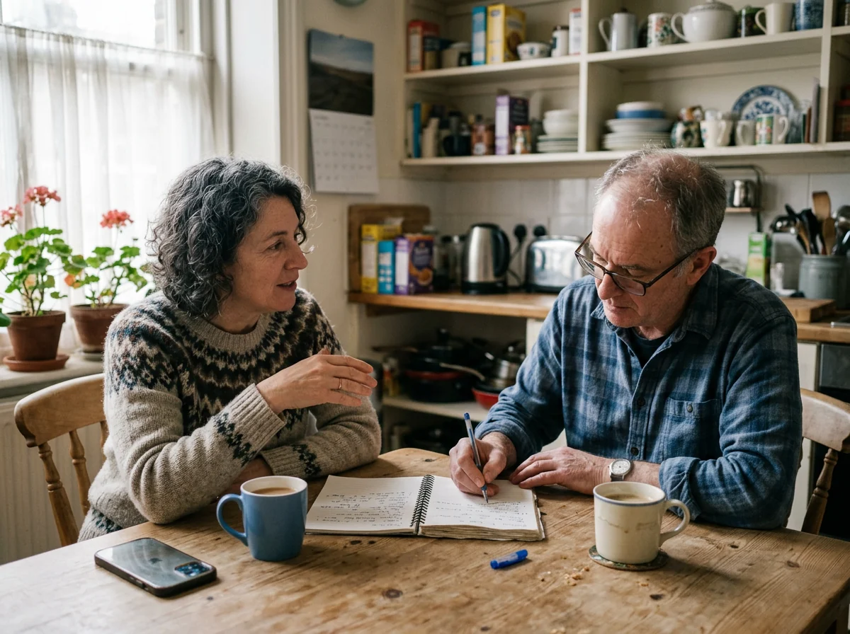 A couple at a kitchen table with an open notebook between them