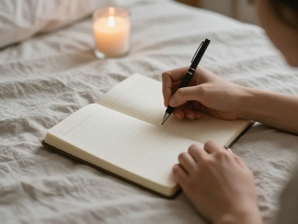 Close-up of two hands writing together in a shared notebook on a soft linen surface with a candle in the background
