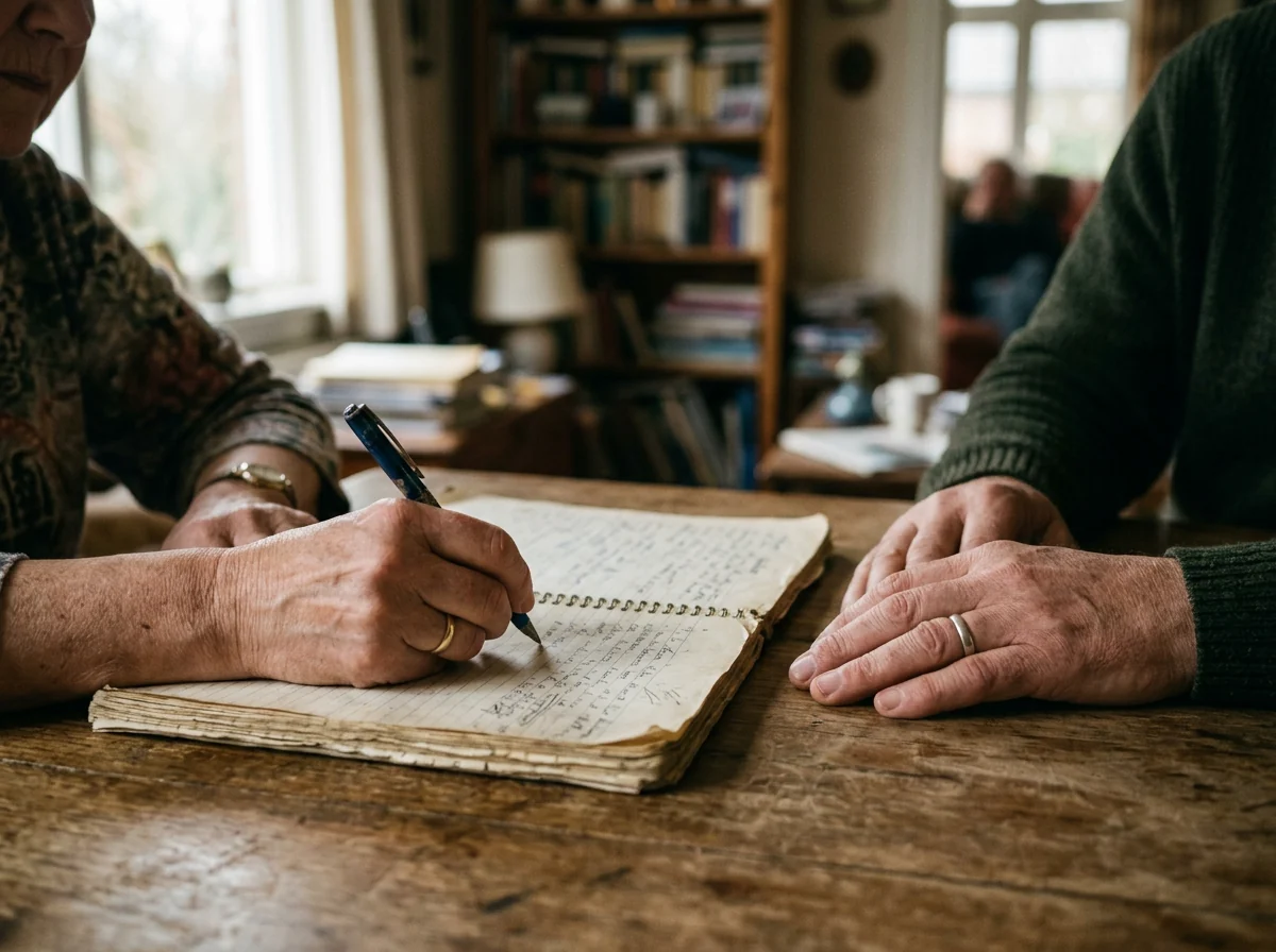 Two people's hands at a table as one writes in a shared notebook