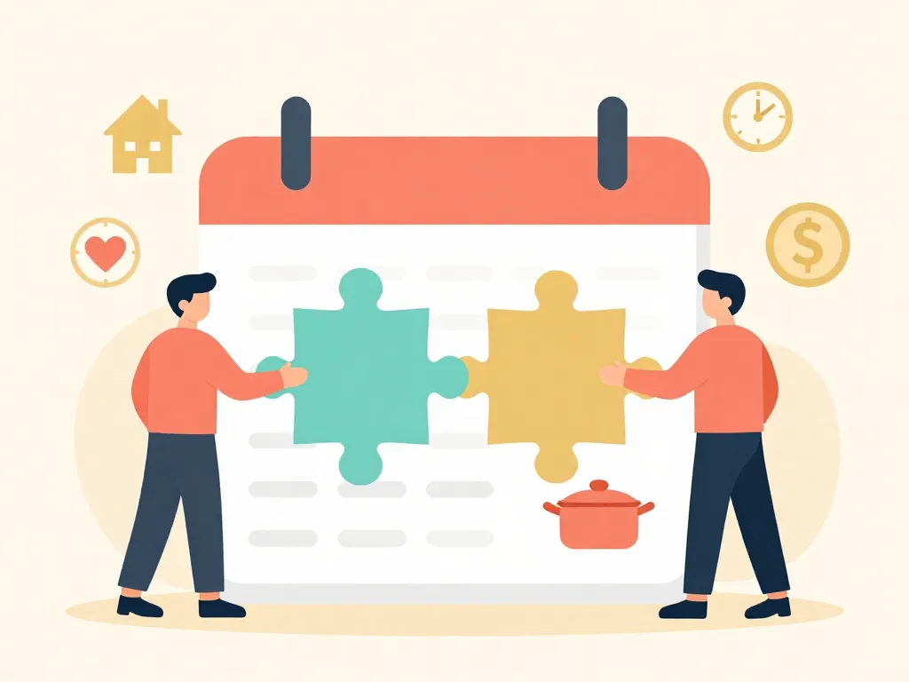 Illustration of two partners collaborating over shared responsibilities represented by household and life icons